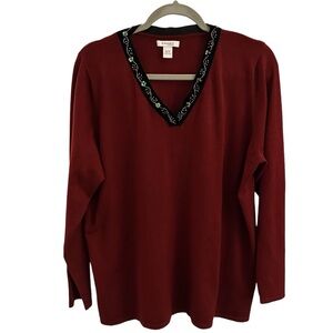 dressbarn Dark Red Sweater with Bead and Sequin Velvet V-Neckline Size 18/20